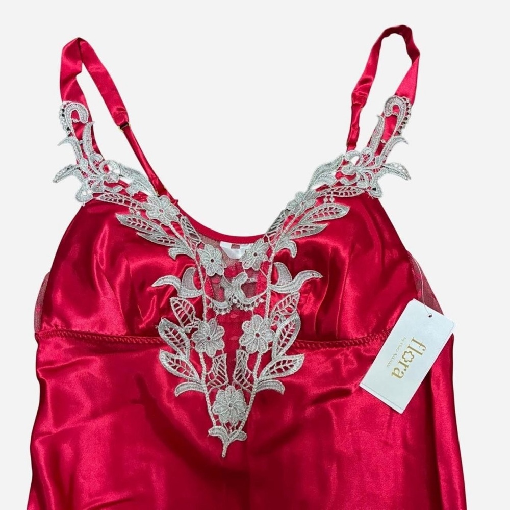 Y2K Red Satin Slip Dress Flora NWT Lace Maxi Nightgown Vintage Lingerie Dress - Picture 3 of 4
